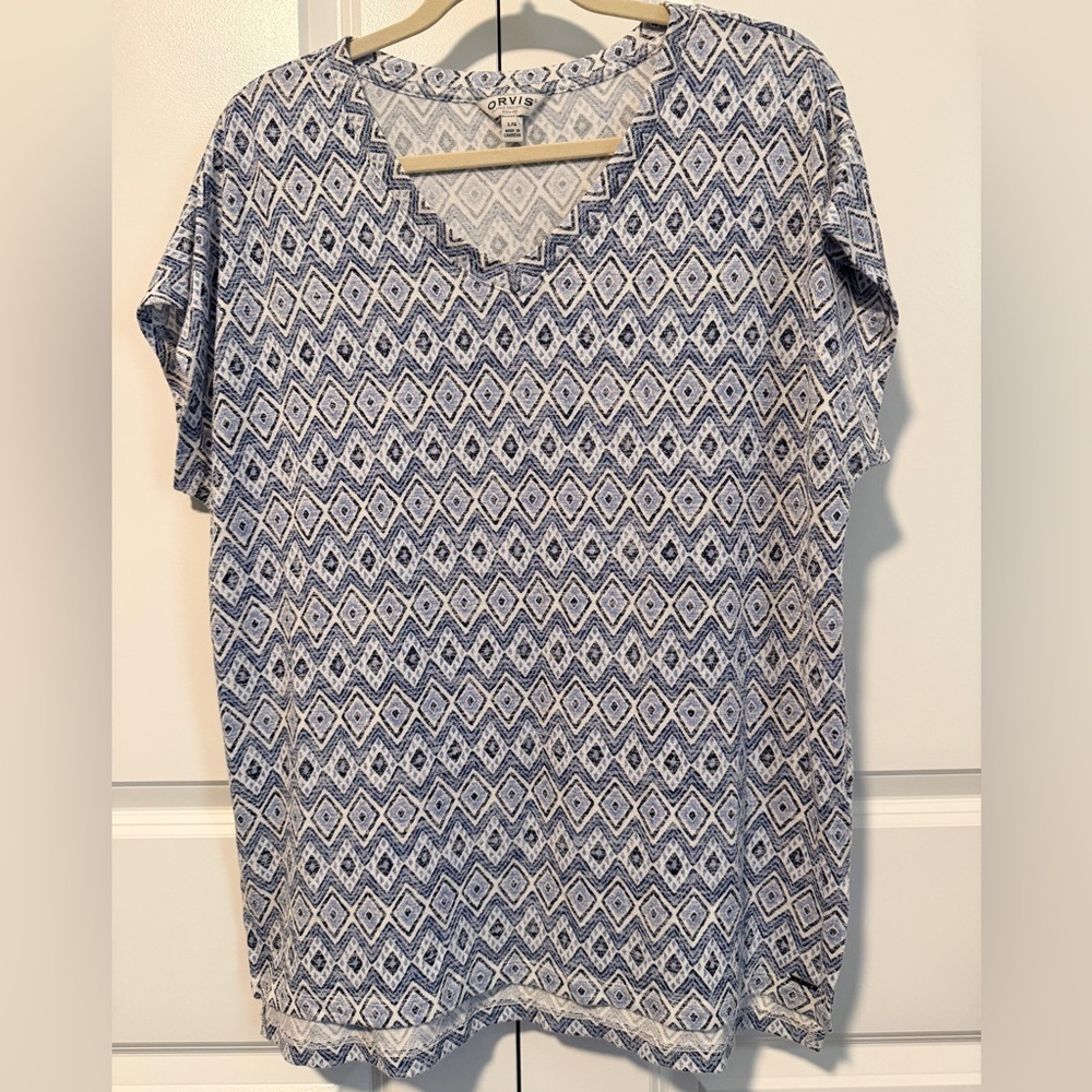 Orvis Classic Collection Women’s Blue Geometric Print Short Sleeve Tunic Size L